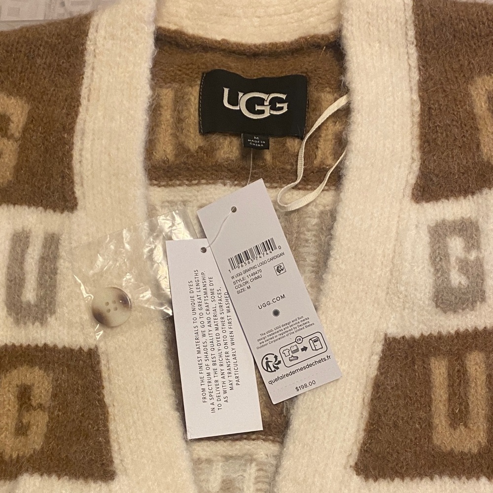 UGG Women’s  Button-Front Tan and  White Graphic Logo Cardigan NWT Medium